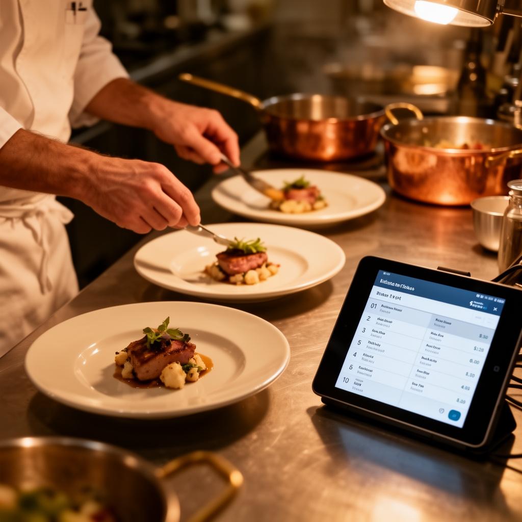 A chef plating dishes at the pass with a kitchen ticket tablet beside it
